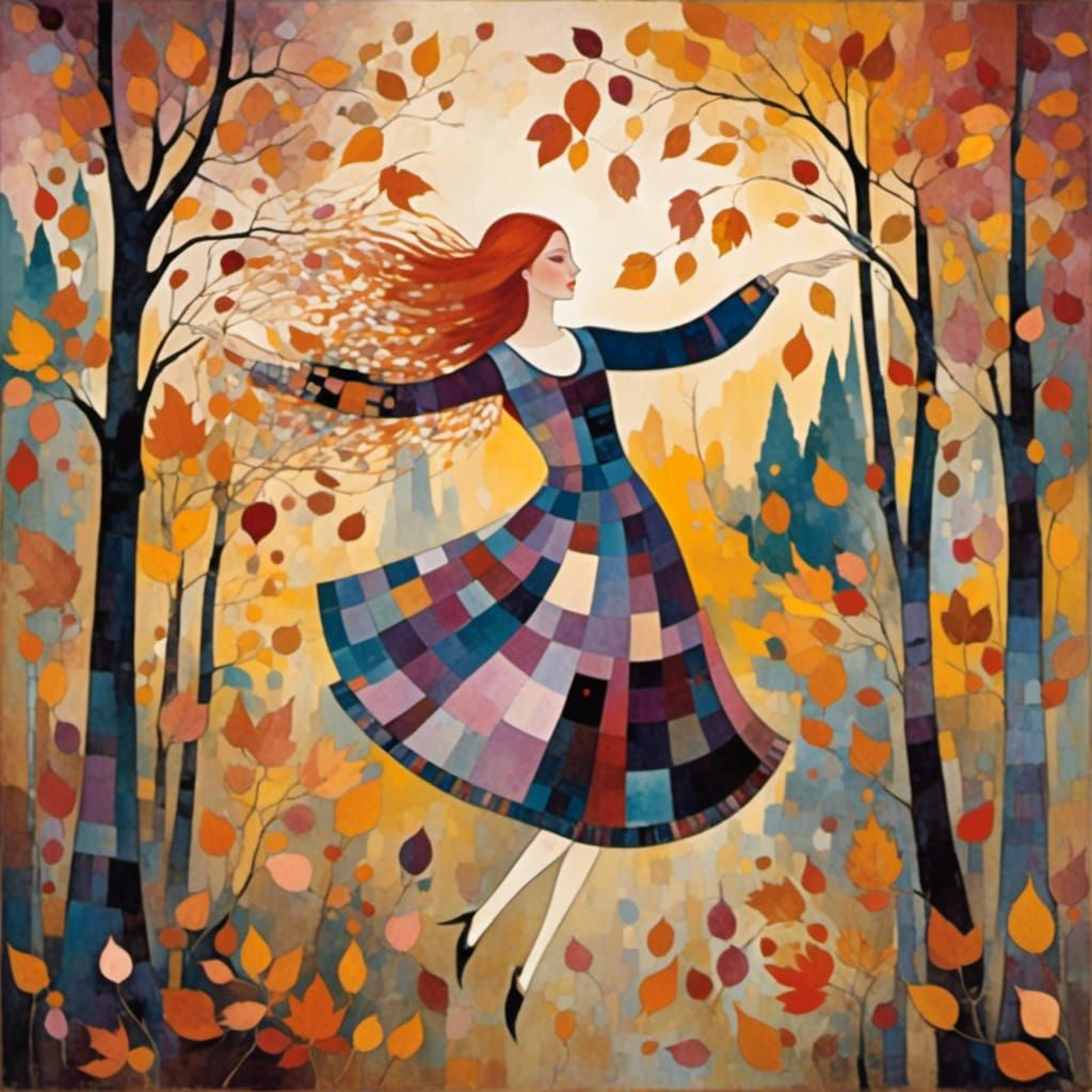 Scottish Woman Dancing in Autumn Forest, Surreal Art