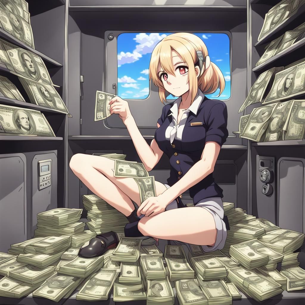 Anime Style: Person with Money in Front of Safe