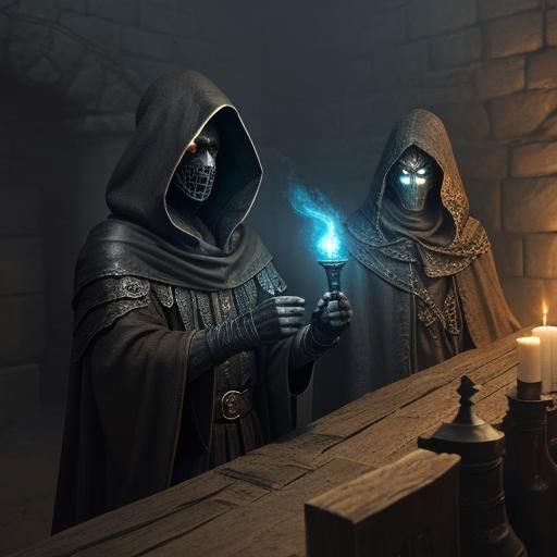 Mysterious Hooded Figure in Misty Chamber