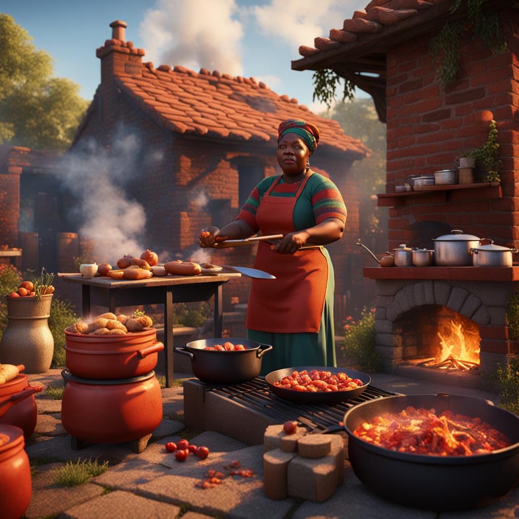 Detailed Matte Painting of Woman Cooking Outdoors