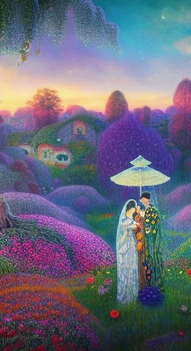 Sunset Woman in Magical Forest, Art Nouveau Style