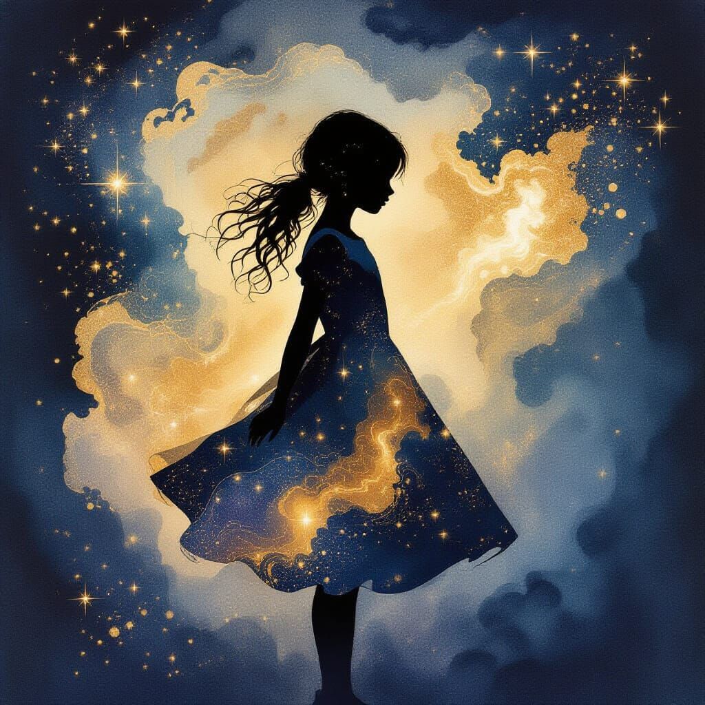 Girl in Cosmic Gold Watercolor with Nebula Patterns