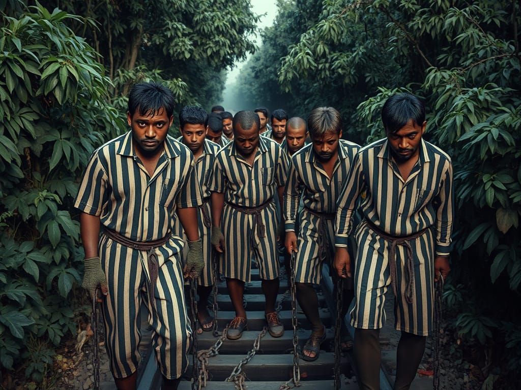 Men in Striped Prison Uniforms toil on Railway Line in a Gri...