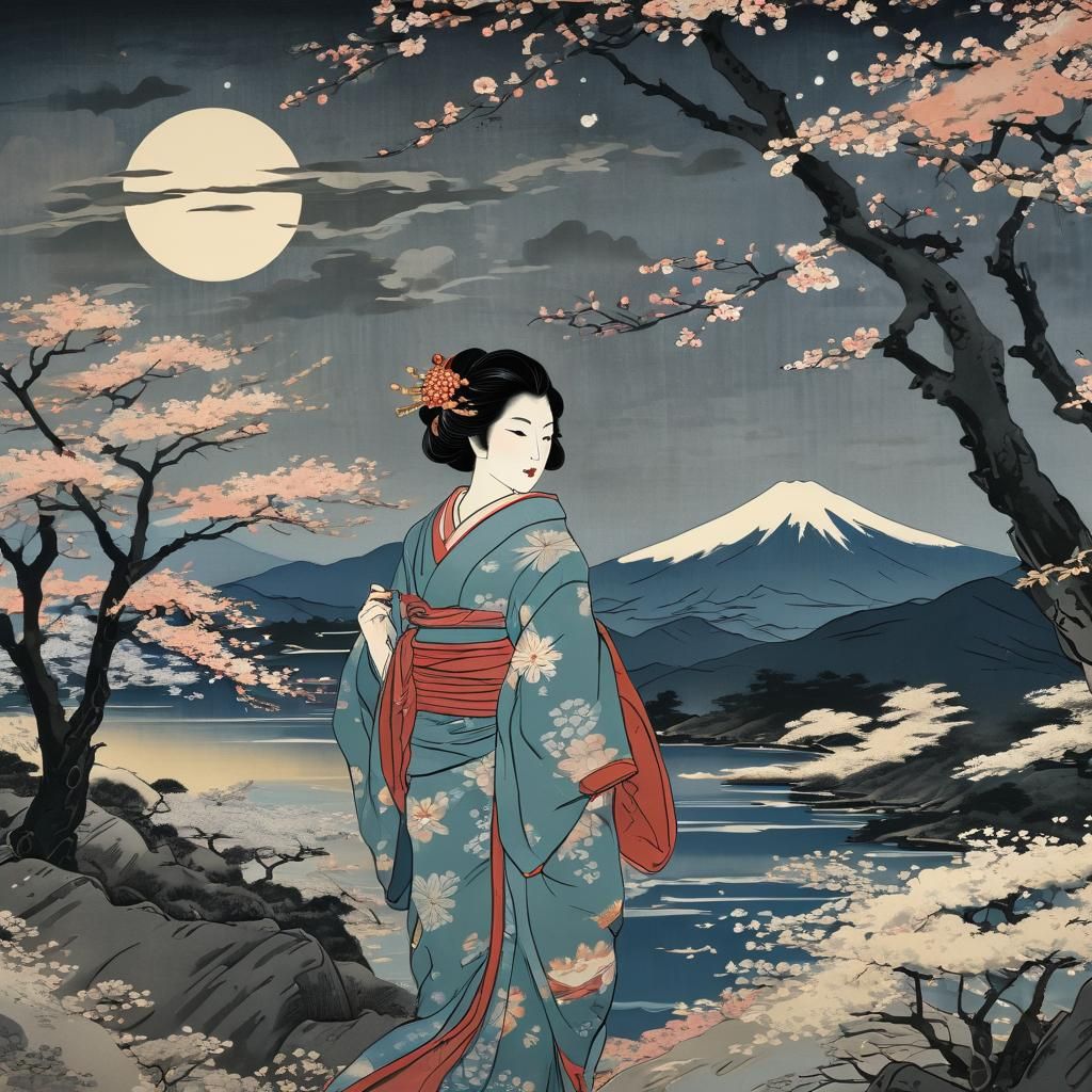 Ukiyo-e Woodblock Print: Woman at Mount Fuji