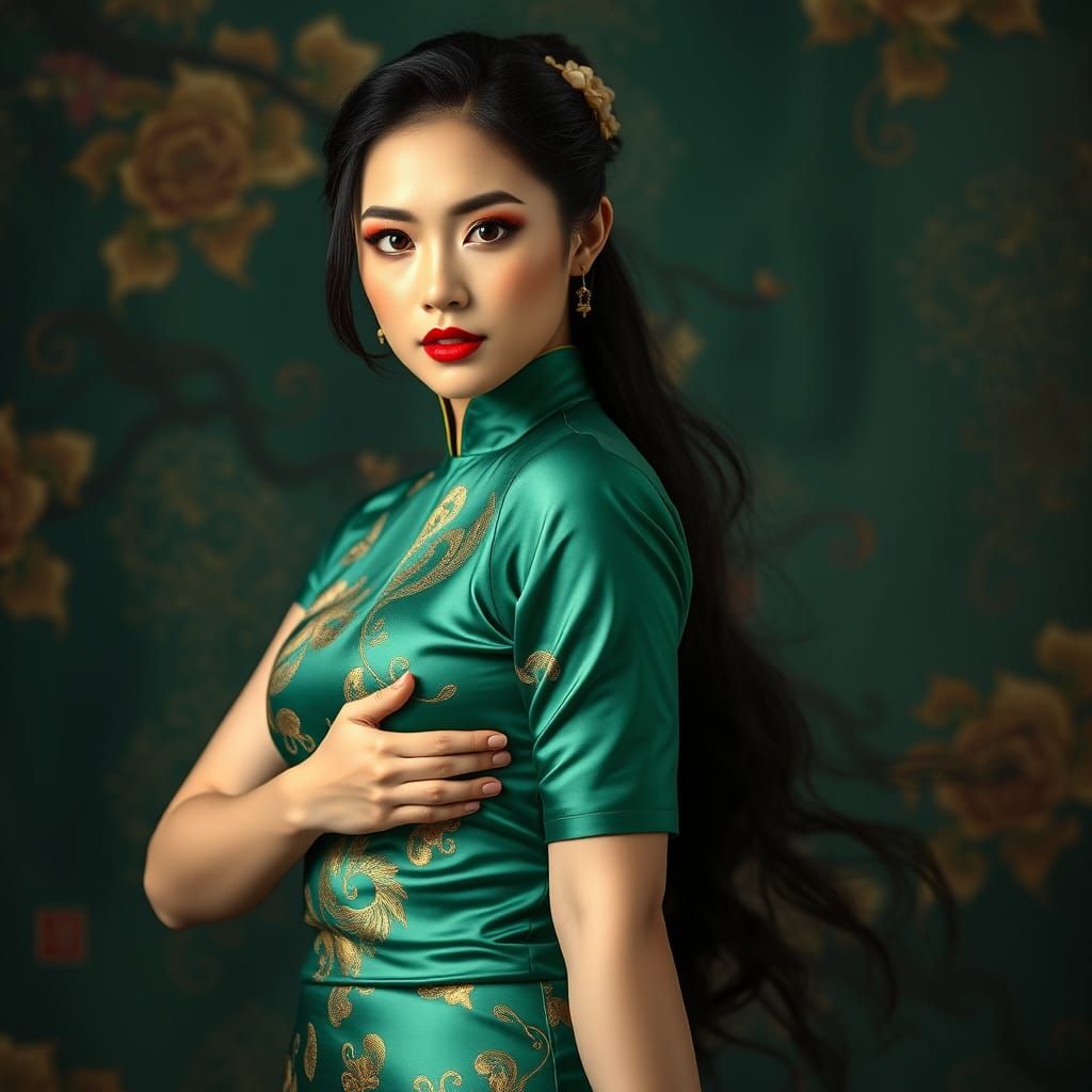 Sensual Asian Beauty in Opulent Cheongsam