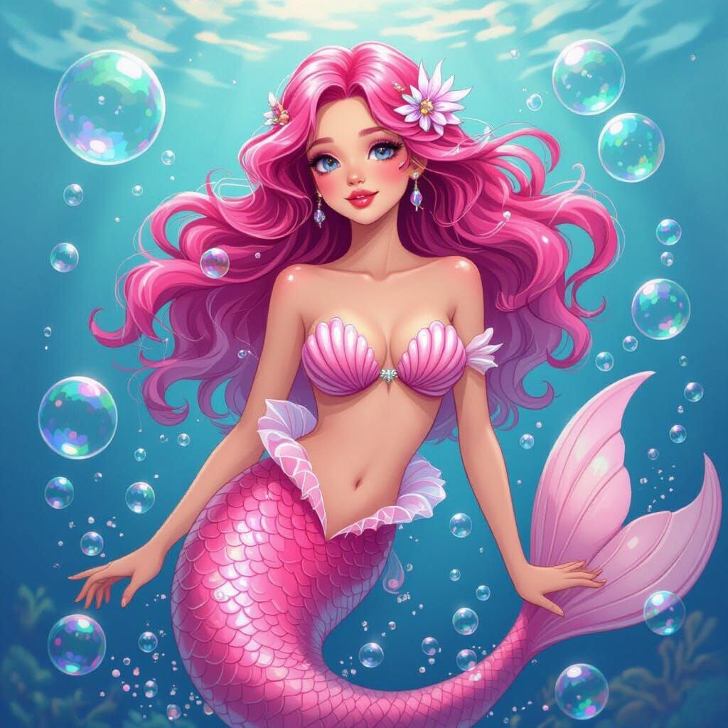 Ethereal Pink Mermaid in Dreamy Seashell Grotto