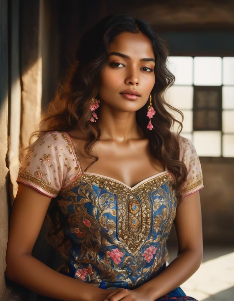 Serene Woman in Blue and Gold: Watercolor Portrait