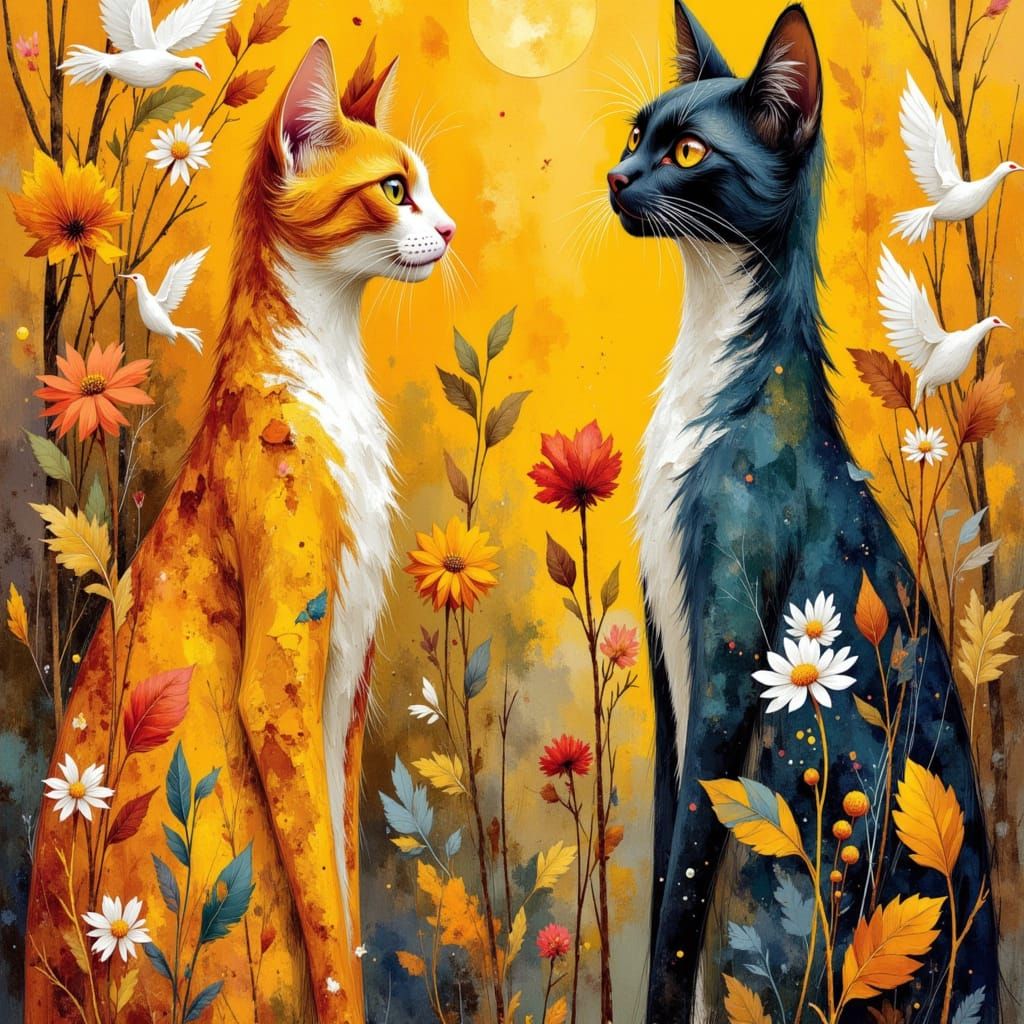 Whimsical Folk Art Cats with Birds and Sun