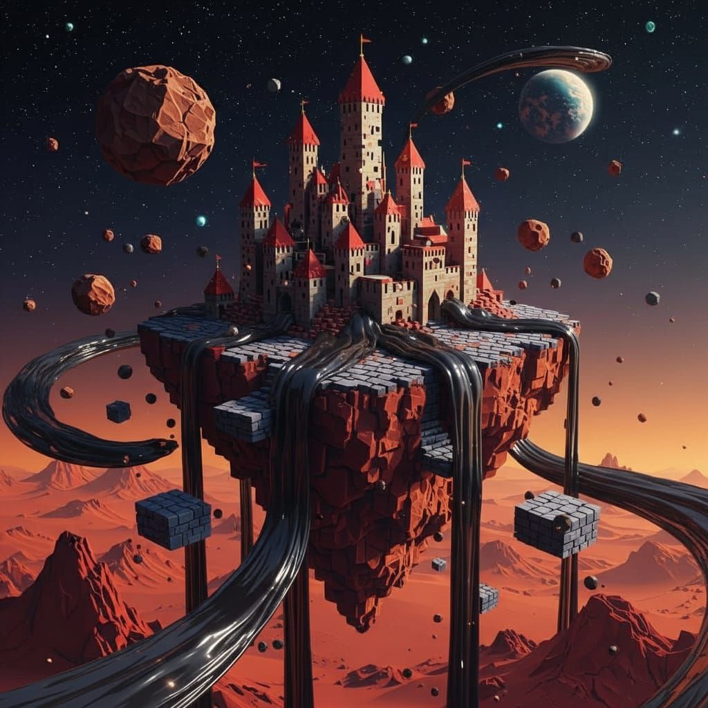 Pixel Castle on Asteroid Over Mars in Abstract Surreal Style