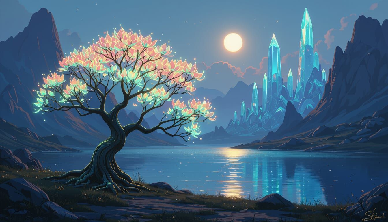 Bioluminescent Tree on Alien World: Dreamlike Landscape