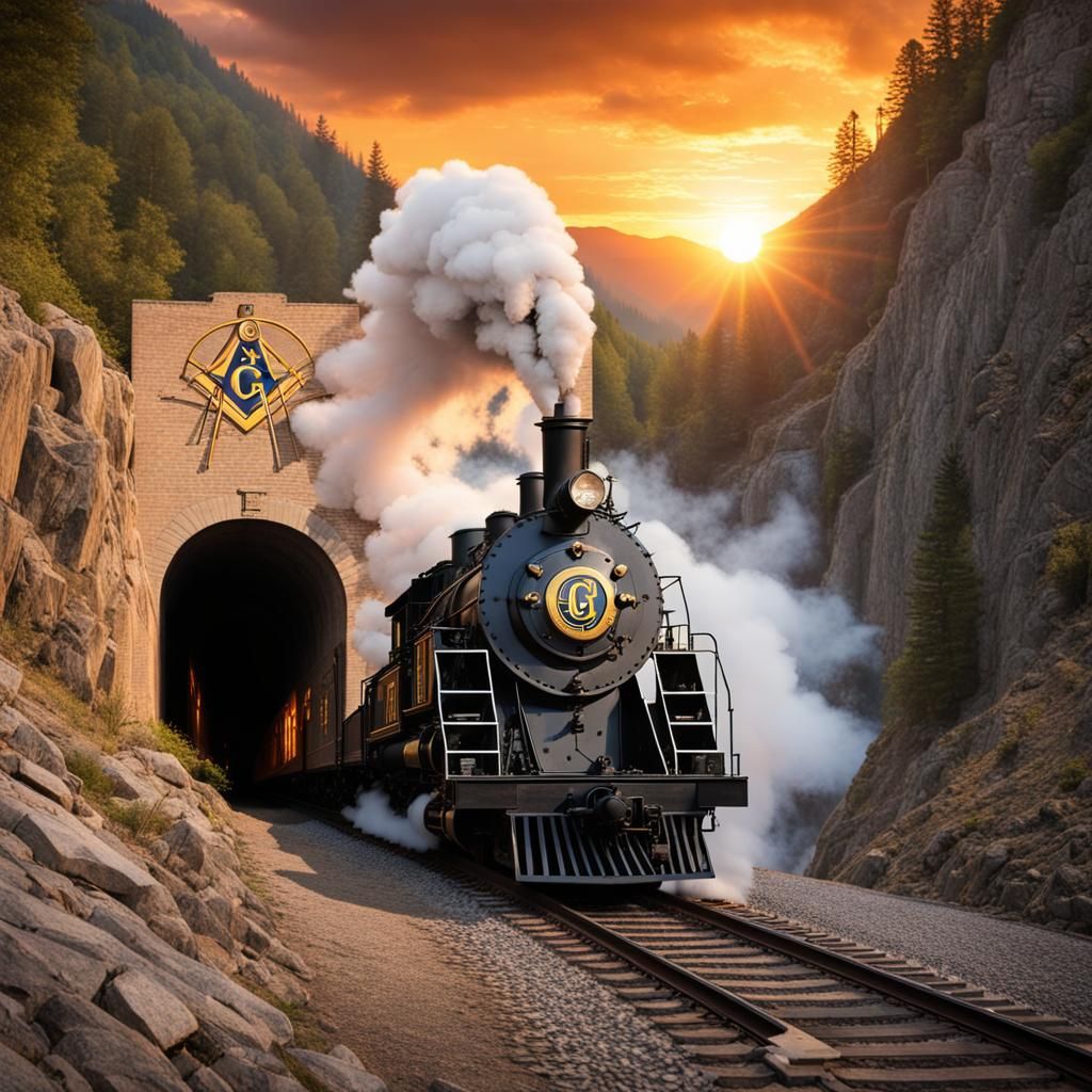 Civil War Locomotive with Masonic Symbol at Sunset