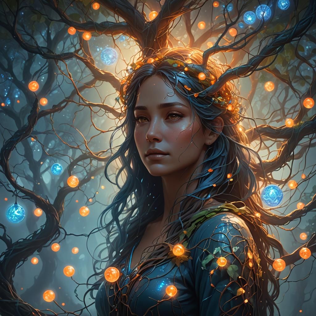 Luminous Tree Envelops Woman in Dreamlike Fantasy Art