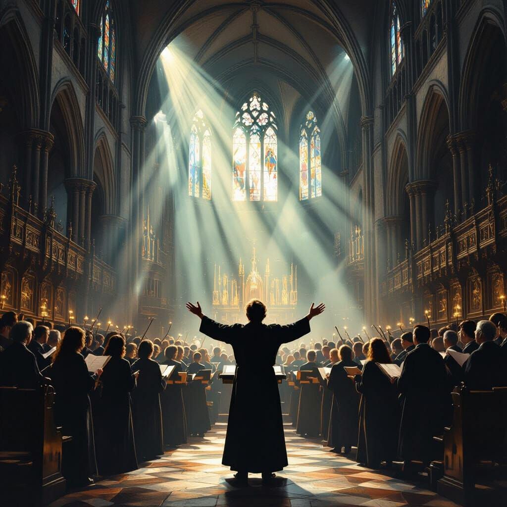 Gothic Church Choir Performance in Ethereal Light