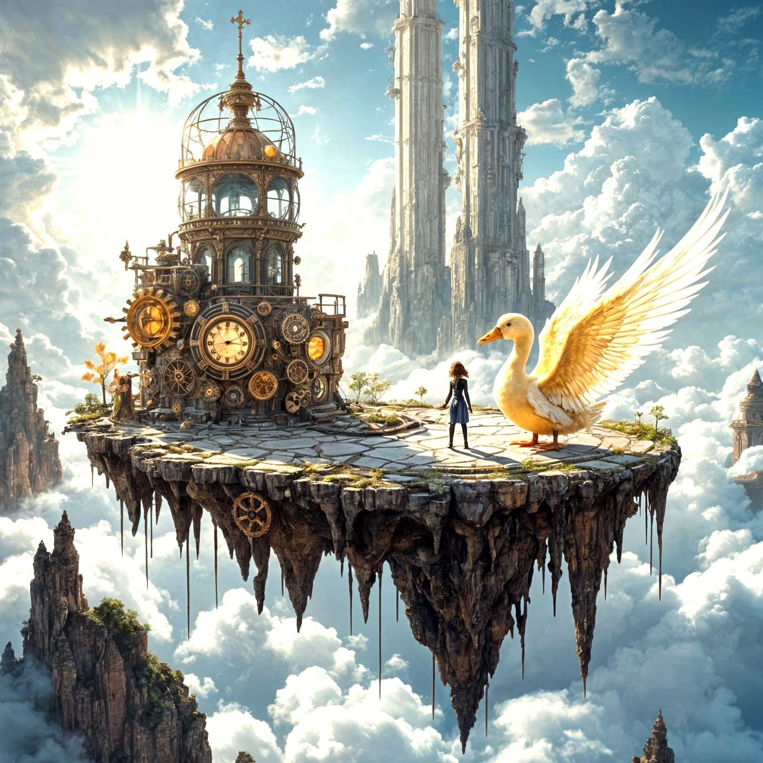 Steampunk Girl on Floating Island Observatory