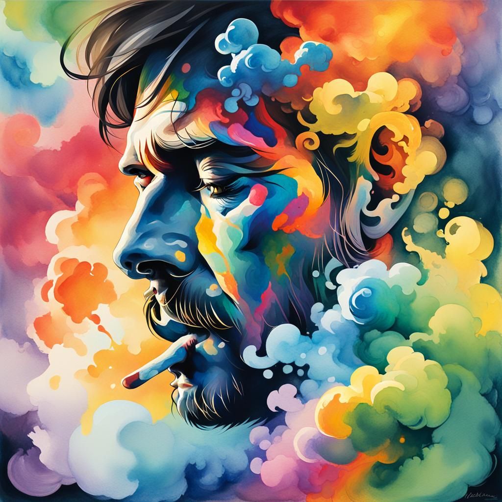 Vibrant Portrait of a Person Exhaling Rainbow Smoke in Gouac...