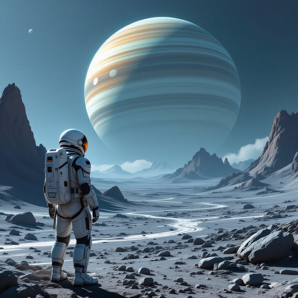 Astronaut Gazes at Ringed Planet on Alien World