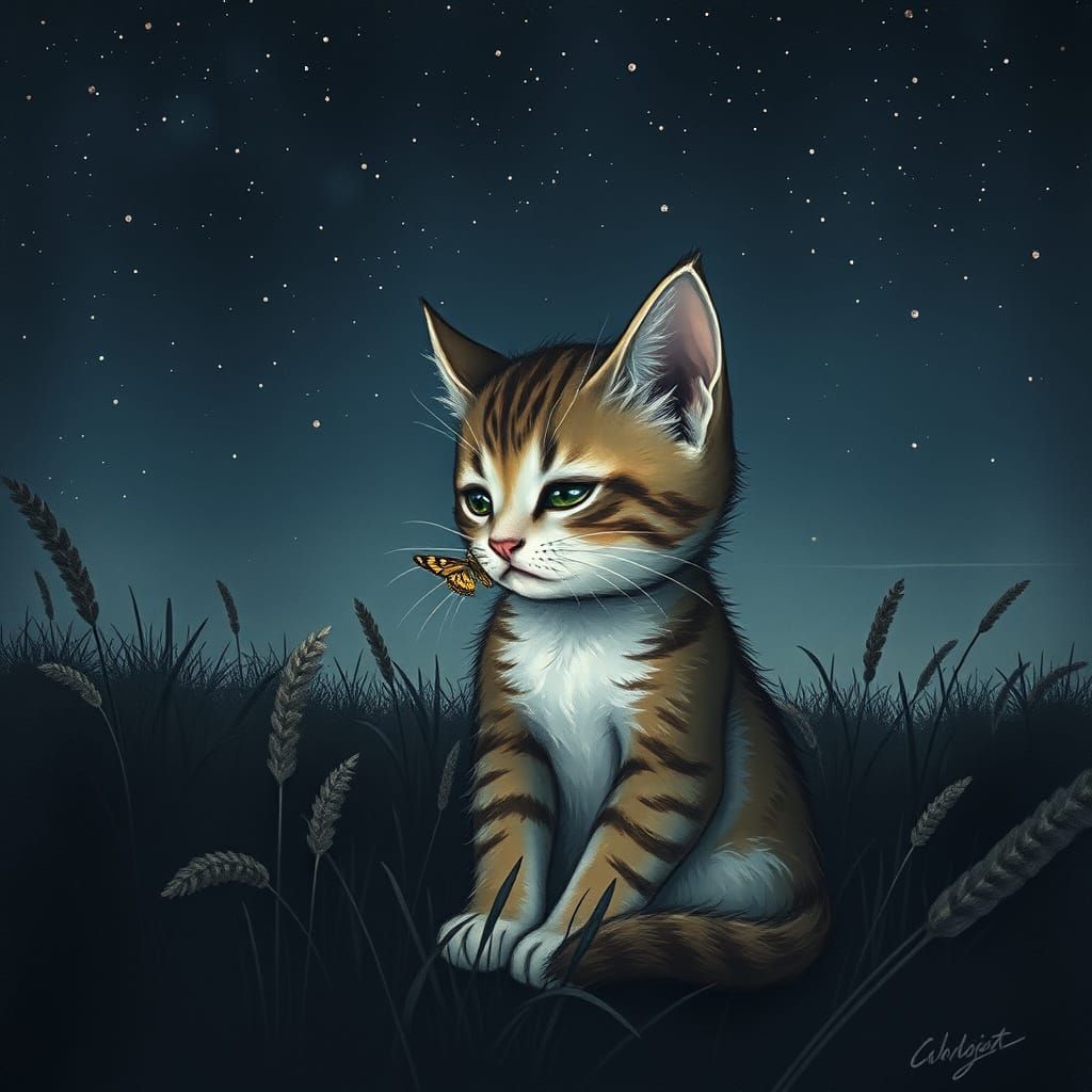 Whimsical Kitten in a Starry Night Scene