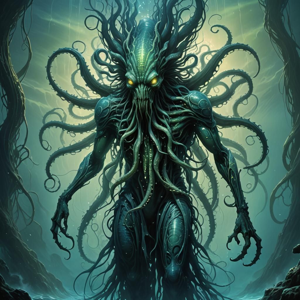 Bioluminescent Tentacle Creature in Dark Depths