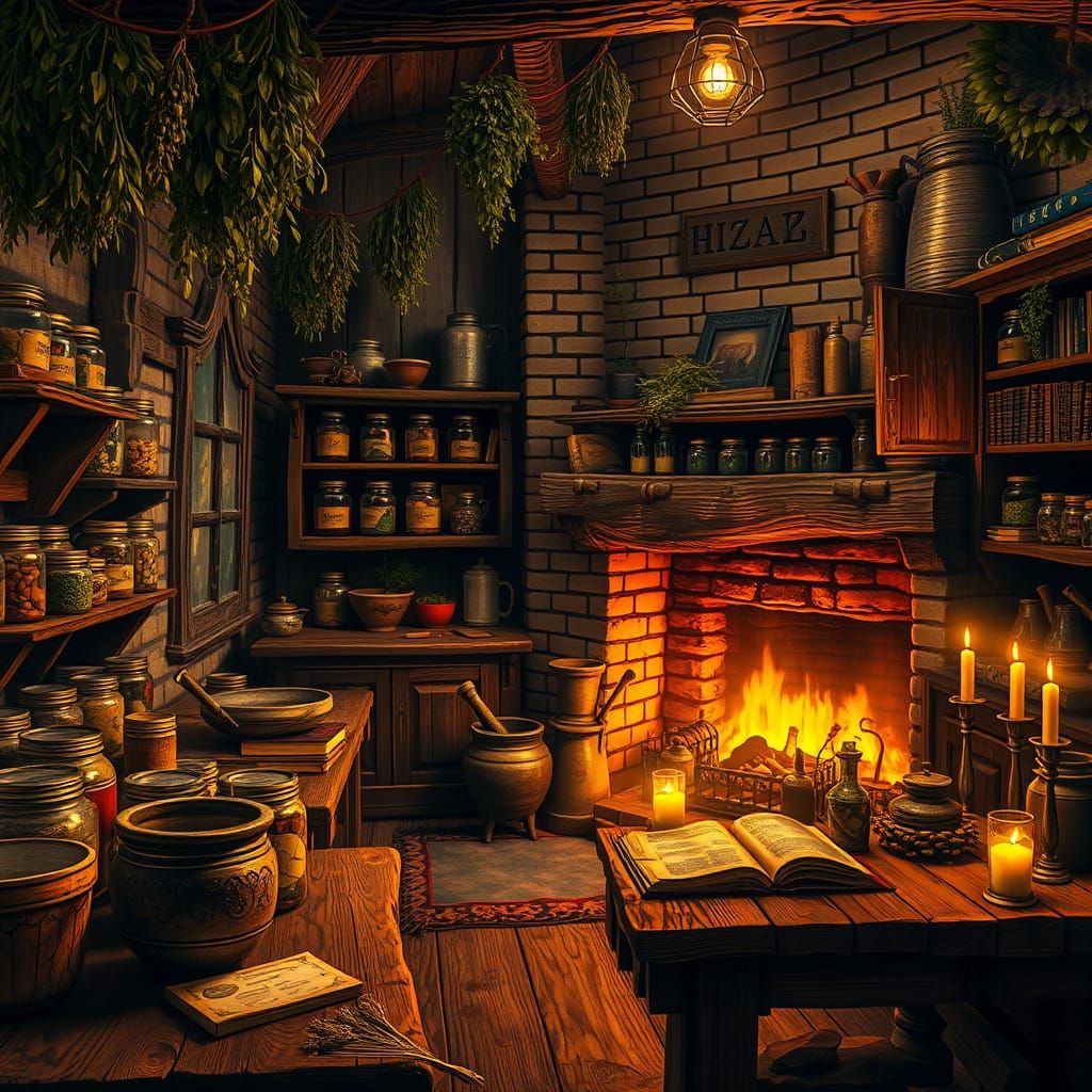 Mystical Apothecary in Warm, Golden Lighting