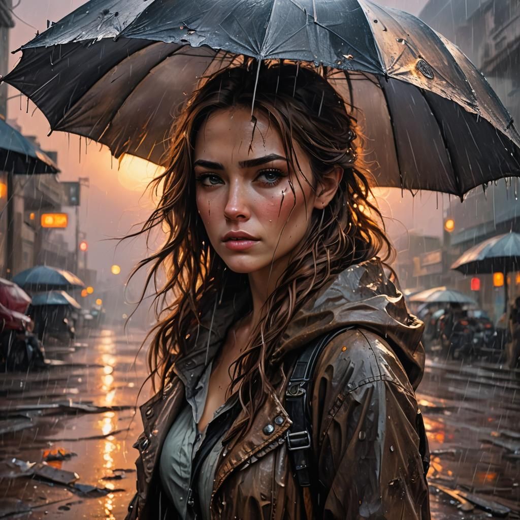Woman in Torrential Rain: Post-Apocalyptic Acrylic Art