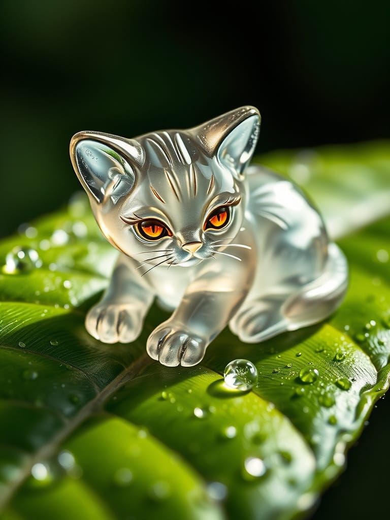 Glass Carving of Gray Kitten on Wet Leaf