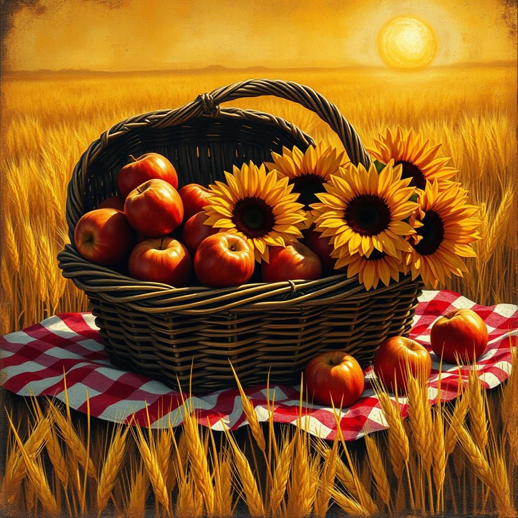 Rustic Harvest Basket with Apples and Sunflowers in Wheat Fi...