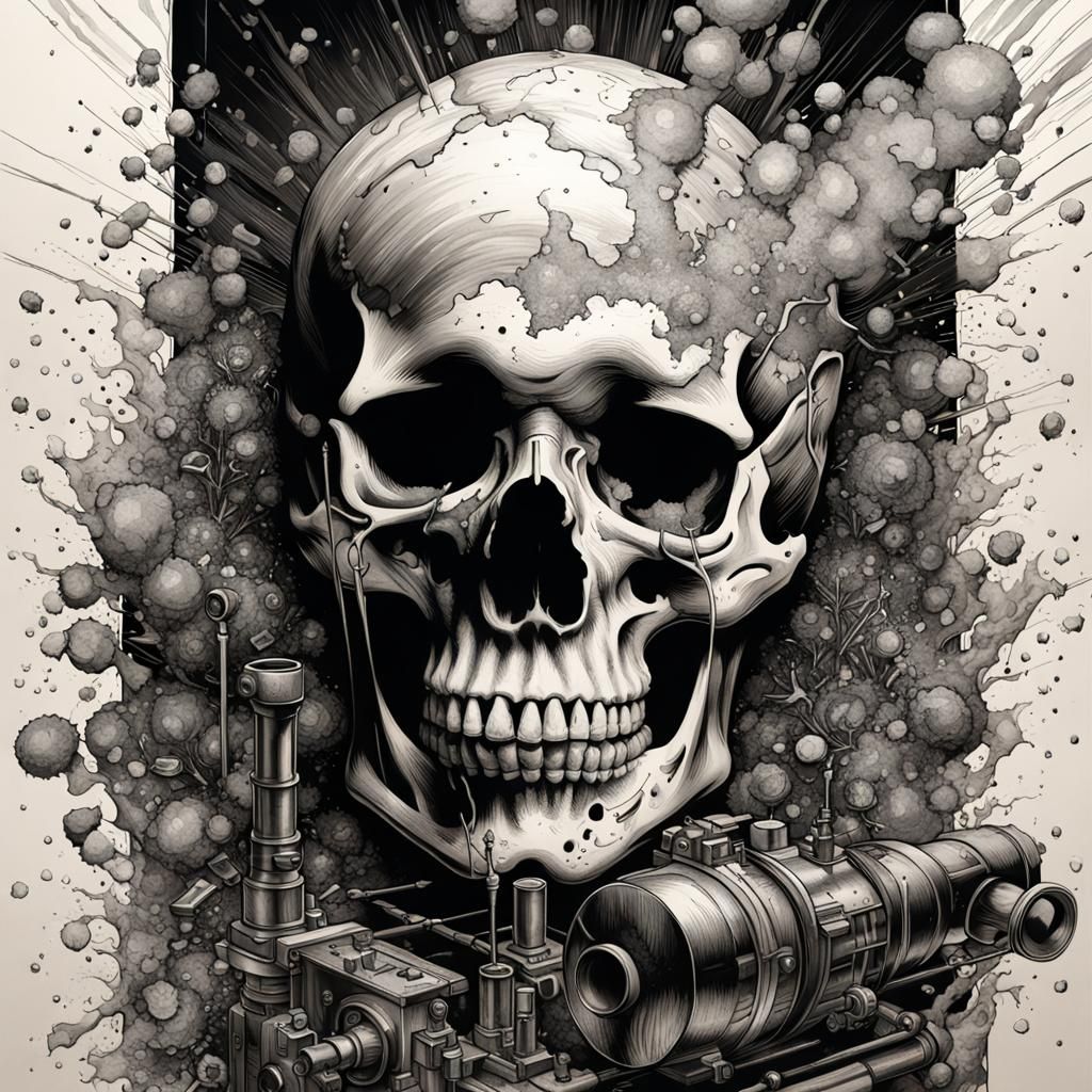Exploding Skull with Waterpipe Steam in Photorealistic Style