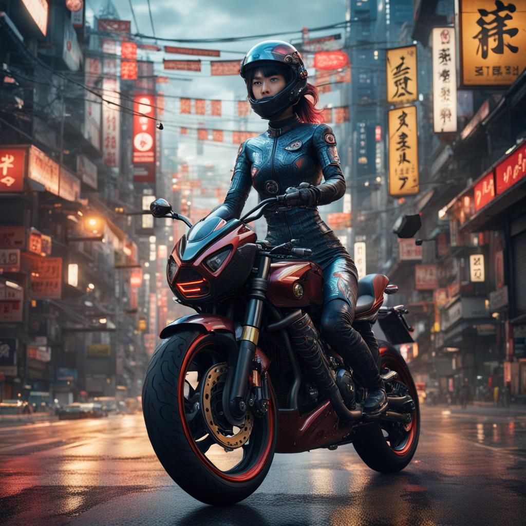Latex Catsuit Woman on Motorbike in Tokyo