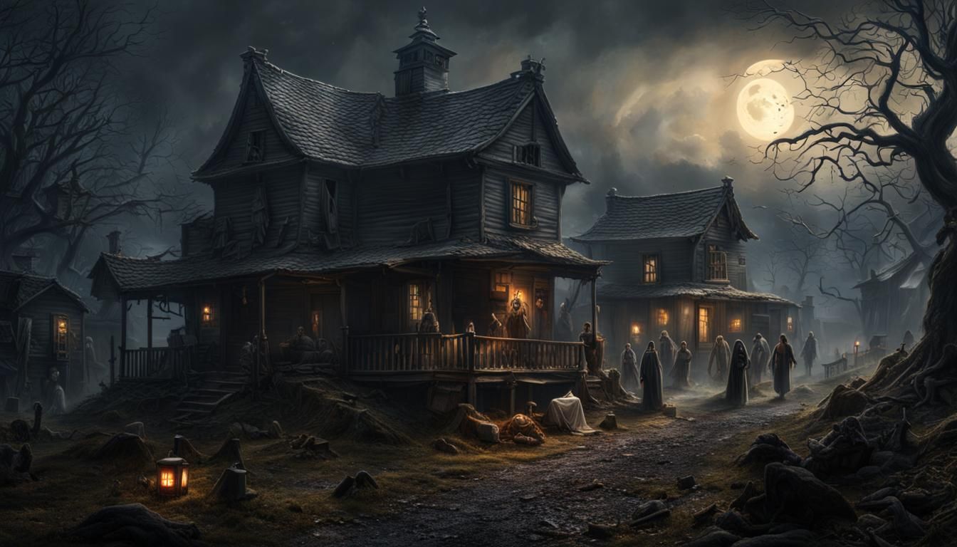 Haunted Ghost Village with Specters in Photorealistic Style