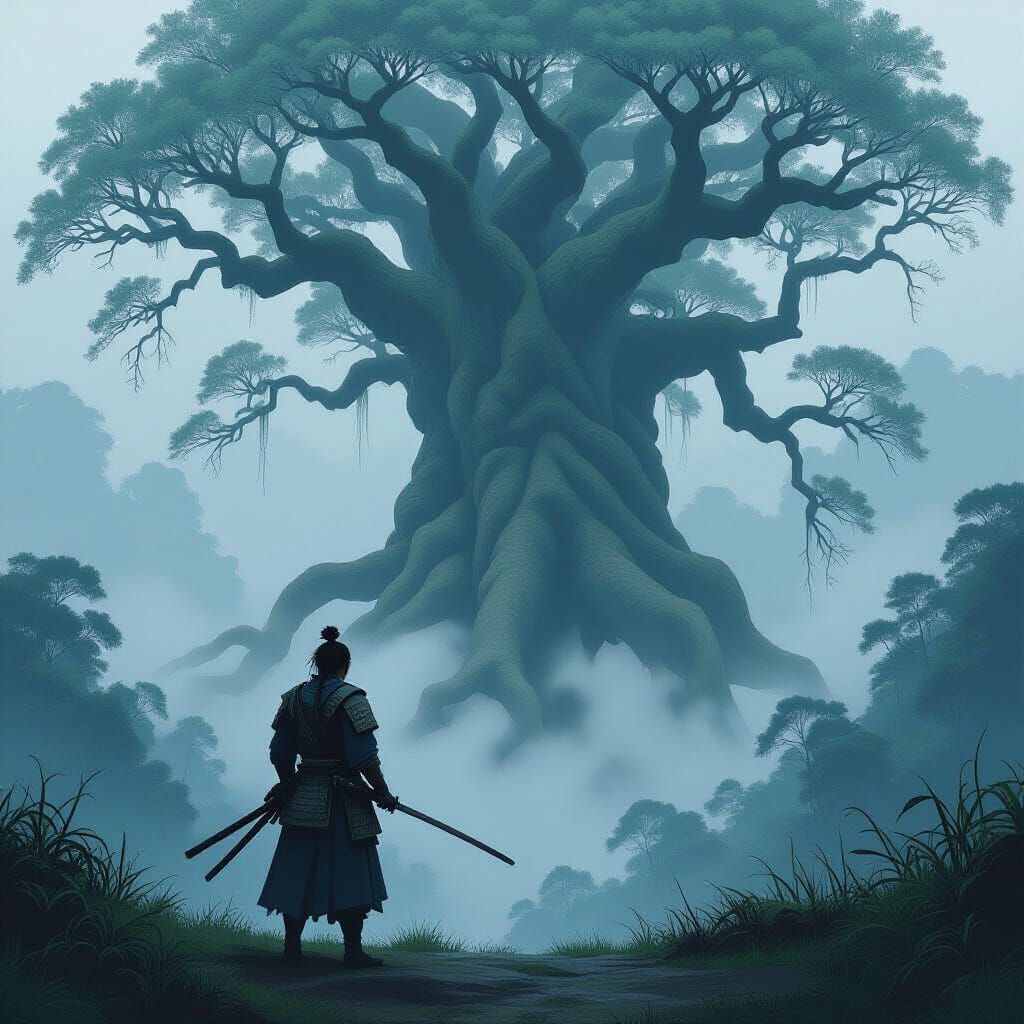 Samurai Warrior in Ancient Forest, Impressionistic Digital P...