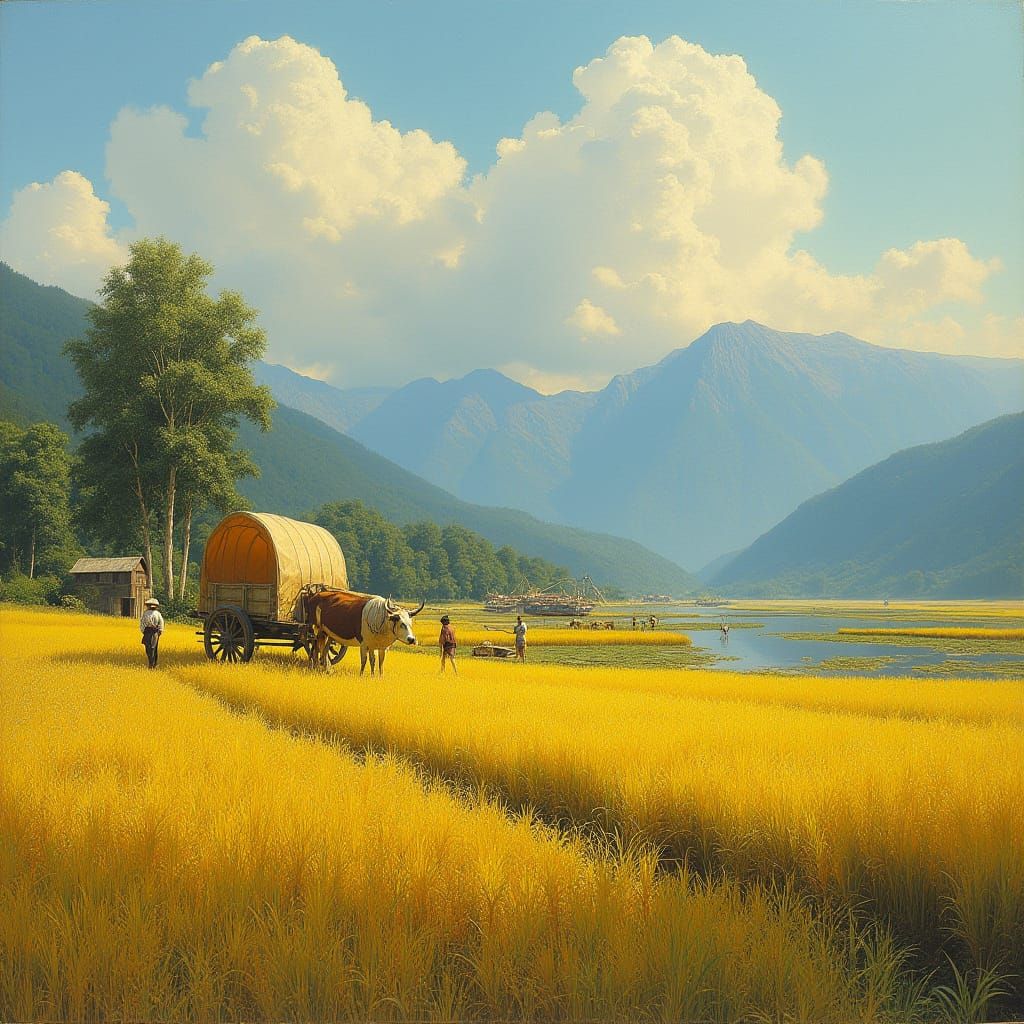 Vibrant Rice Field Harvest Under Mountains