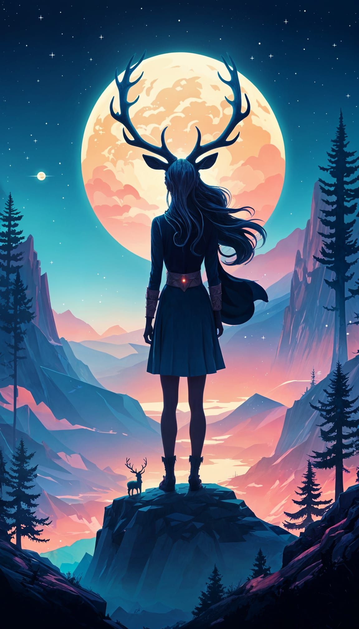 Antlered Woman Watching Luminous Sky