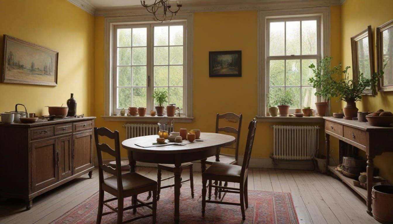 Cozy Kitchen Scene in Post-Impressionist Style with Warm Gol...