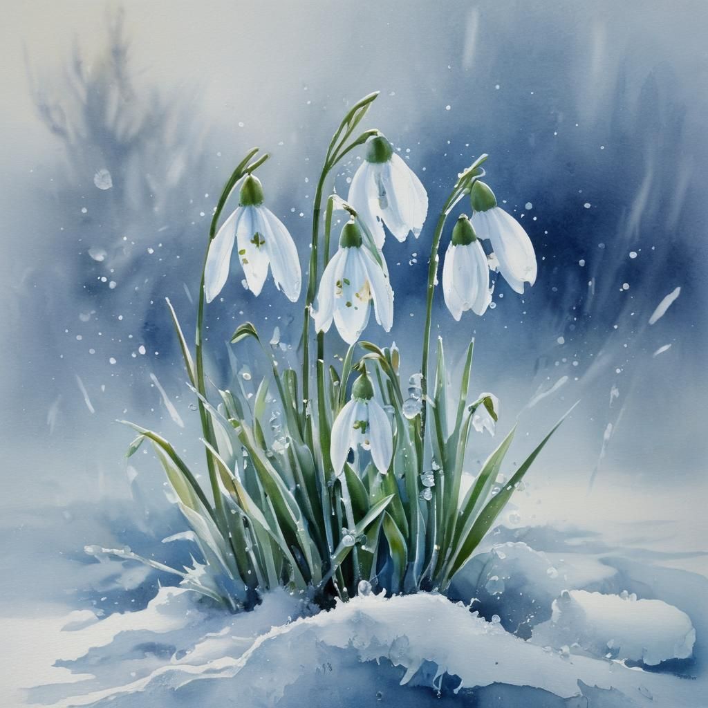 Watercolor Masterpiece of Snowdrops in Frozen Ice