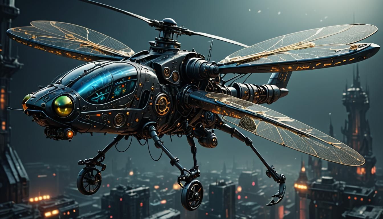 Technological Dragonfly Helicopter in Dark Fantasy Style