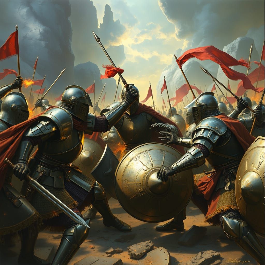 Epic Medieval Battle Scene with Armored Warriors