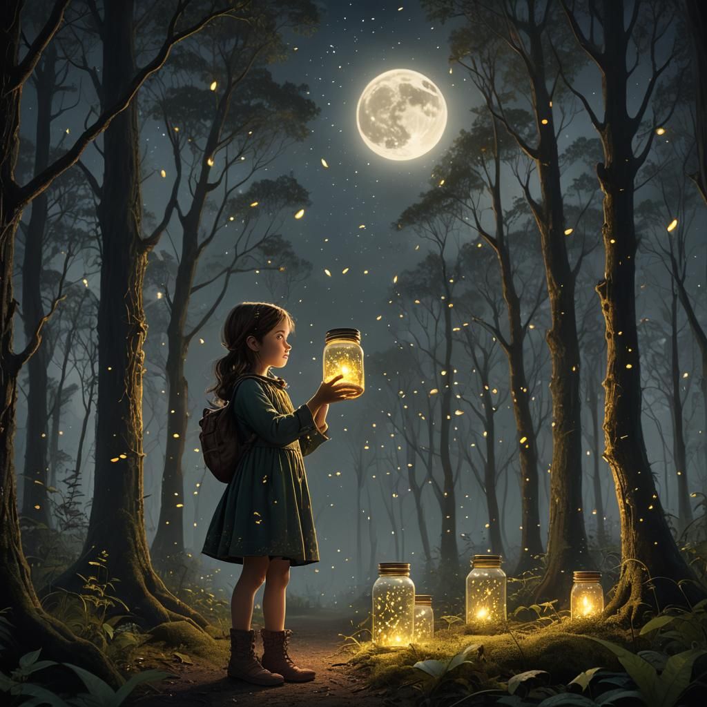 Girl with Fireflies in Forest Clearing