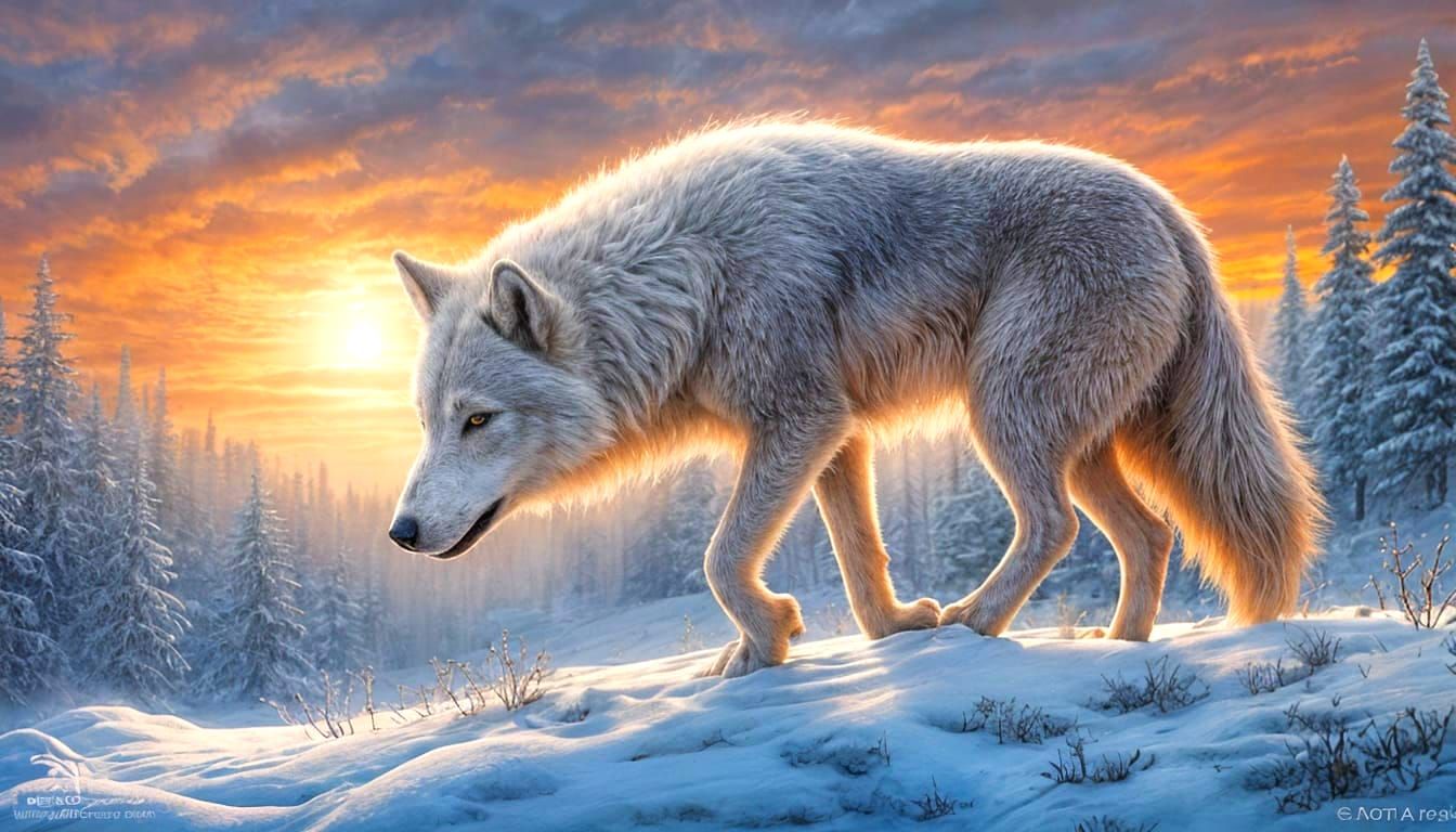 Ethereal Arctic Wolf Roams Snowy Tundra