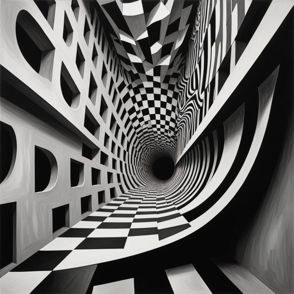 An abstract vertigo art composition inspired by Bridget Riley and M.C. Escher, featuring undulating black-and-white wavy...
