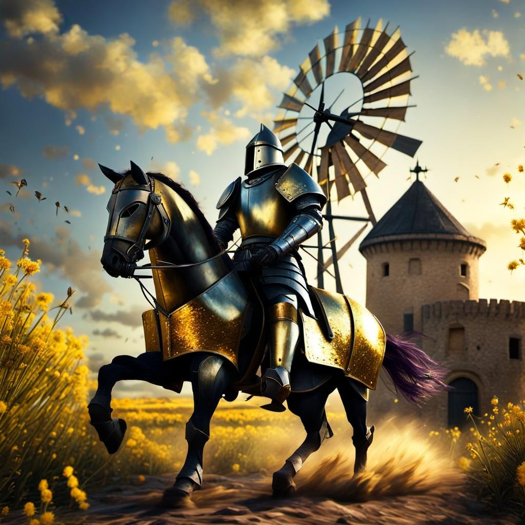 Medieval Knight Attacks Windmill: Hyperrealistic Digital Art