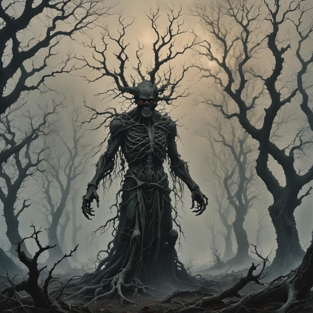 Eerie Figure in Foggy Landscape as Digital Art