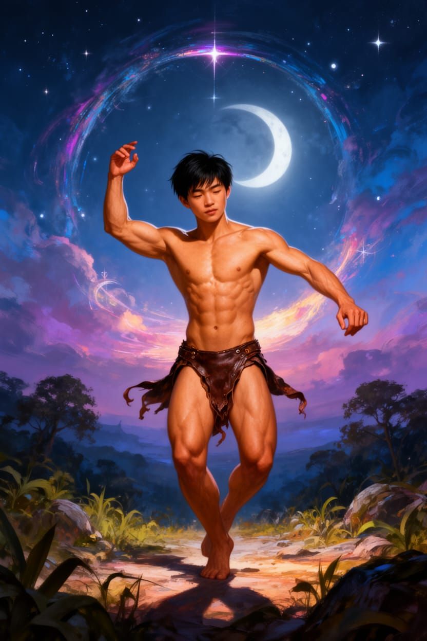 Muscular Young Man Dancing in Moonlight, Symbolic Style