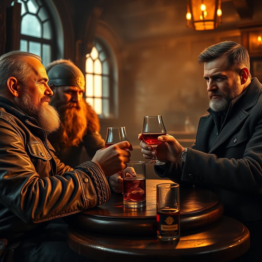 Biker, Viking, and Prince in Pub, Hyperrealistic