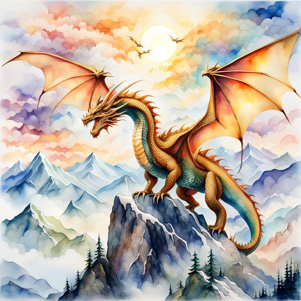 Mystical Dragon Soaring Over Misty Mountains in Watercolor