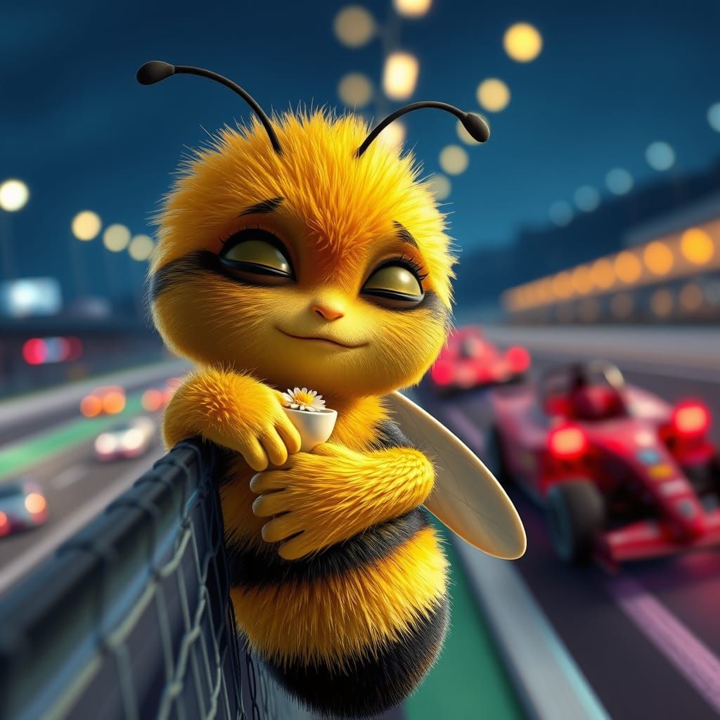 Sleepy Bumblebee at the Racetrack: Pixar-Style 3D Rendering