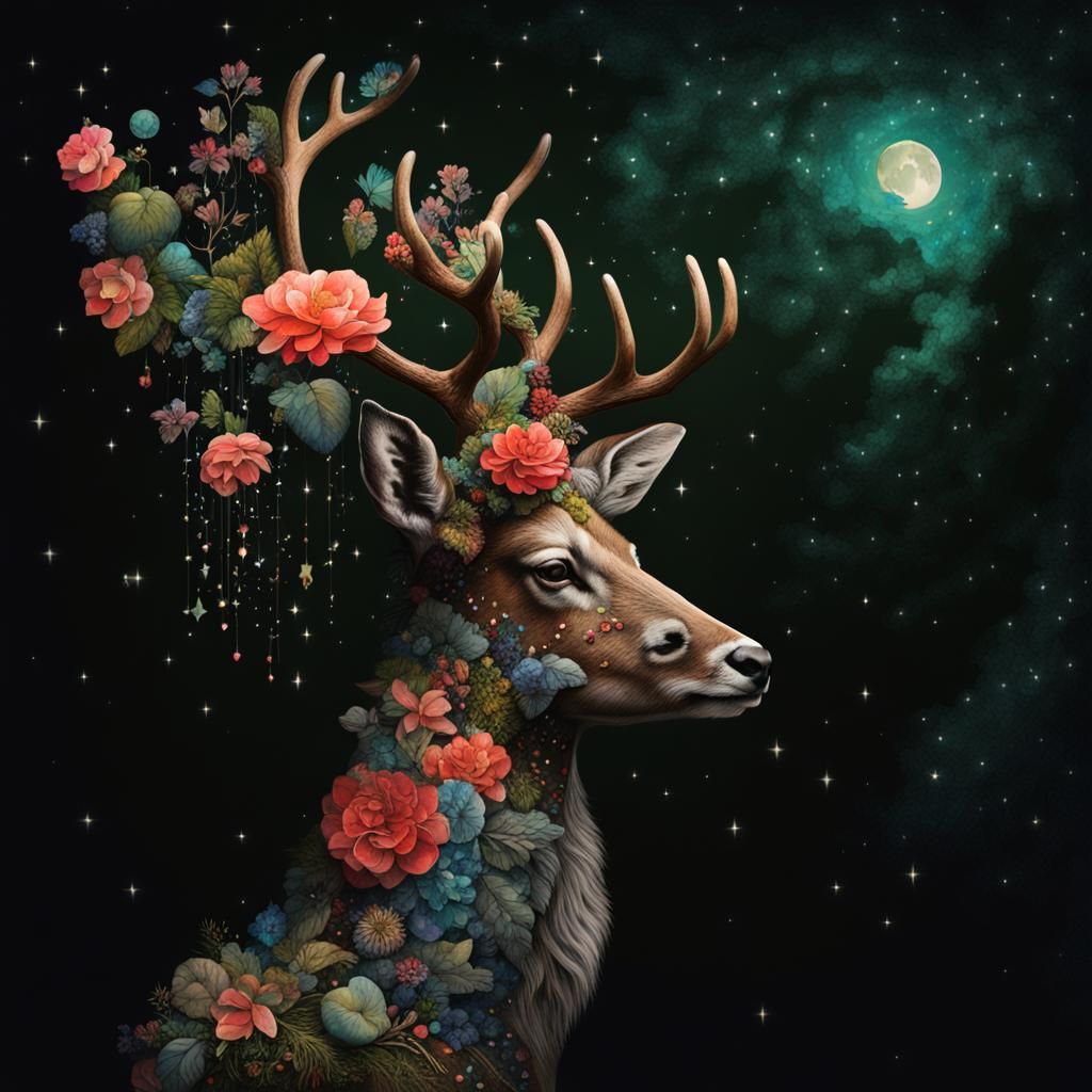 Arcimboldo Style Deer with Bioluminescent Constellations