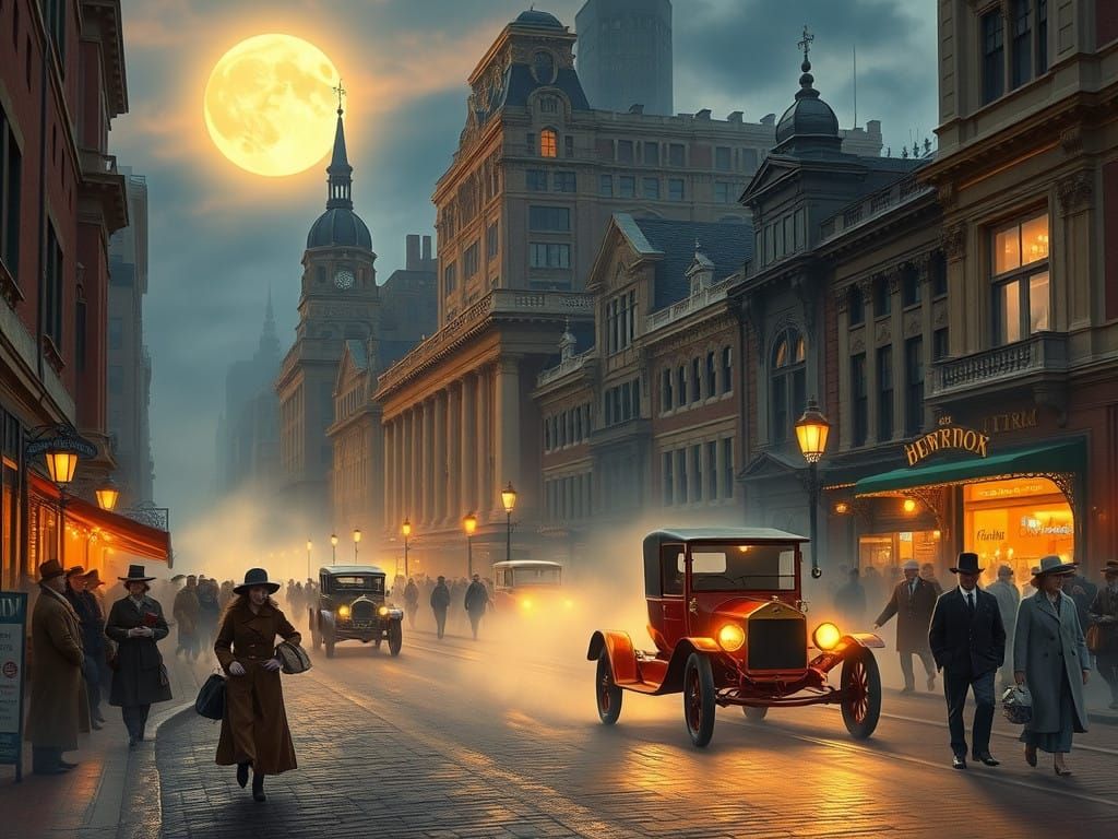 Surreal 1910 Detroit Downtown Scene Under Full Moon with For...