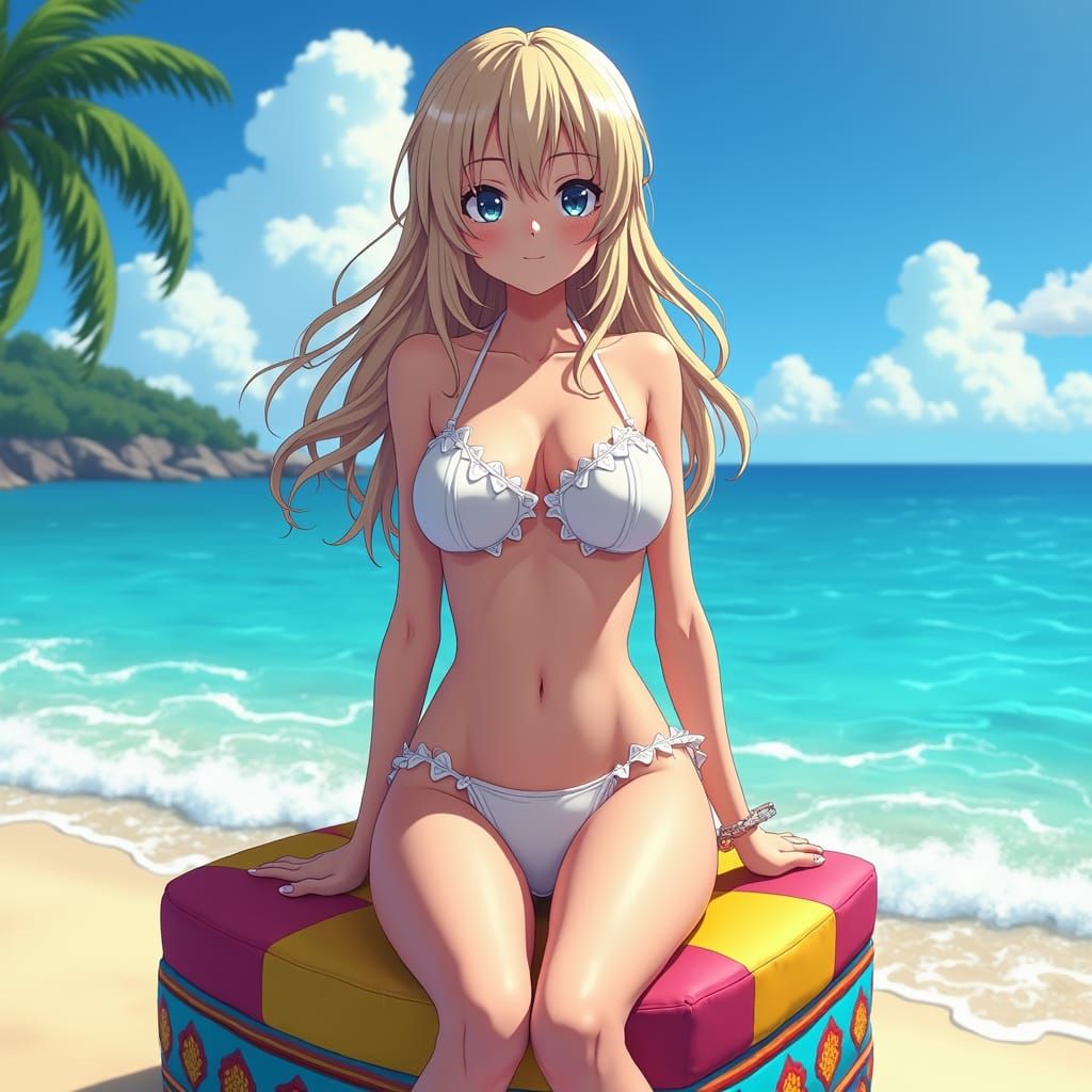 Lucy Heartfilia in White Swimsuit on Tropical Beach