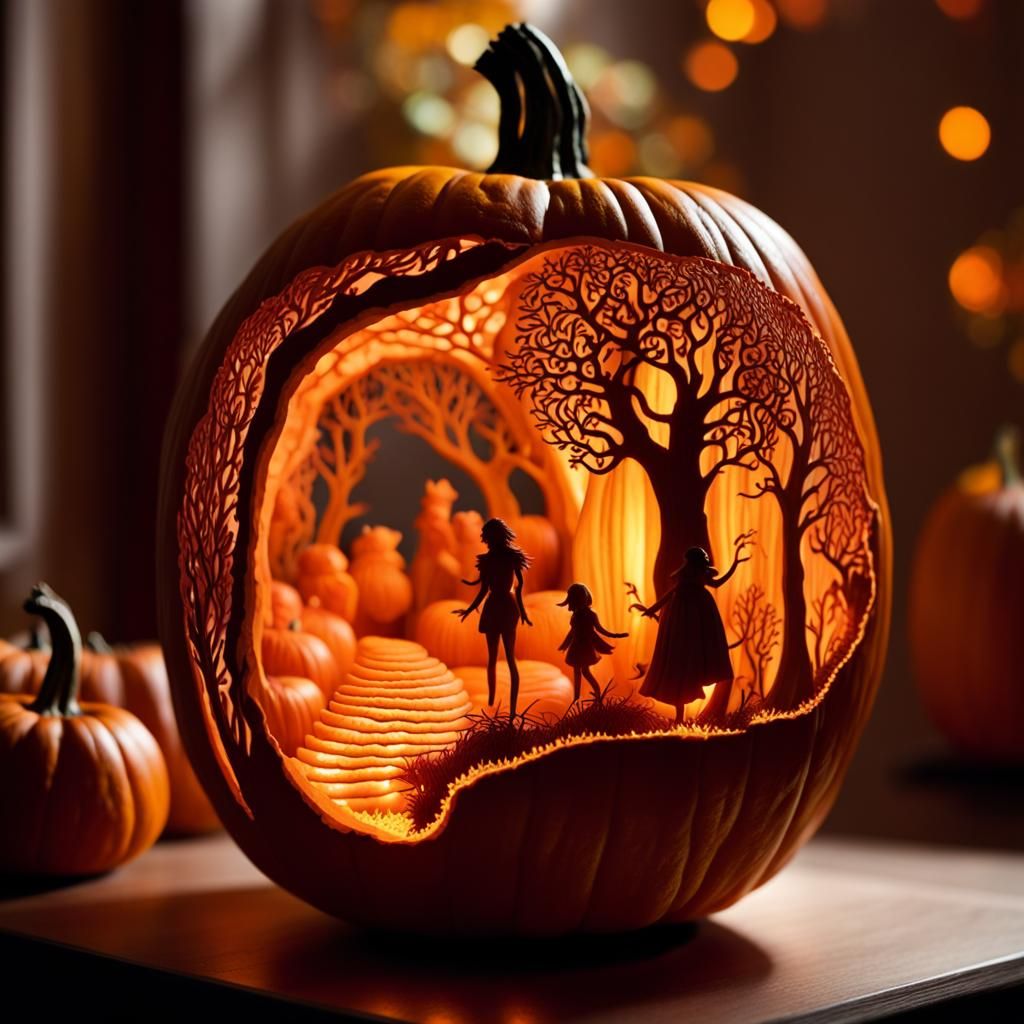 Enchanted Forest Inside a Carved Pumpkin