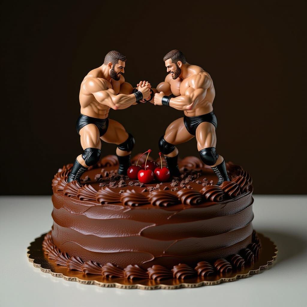 Tiny Wrestlers on Chocolate Cake in Surreal Style